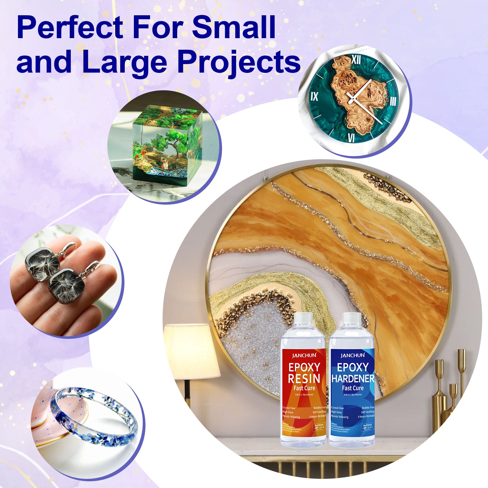 JANCHUN epoxy resin displayed with DIY resin crafts including a wall art piece, resin clock, resin cube, clear epoxy, and resin bracelet.