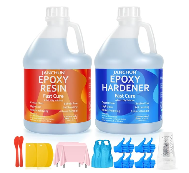 Epoxy resin accessory kit with mixing tools, gloves, and measuring cups
