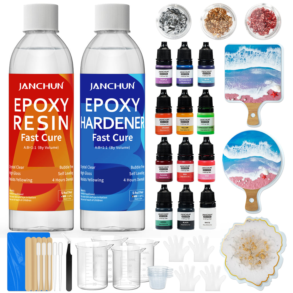 JANCHUN epoxy resin kit includes: one 5.9oz premium clear resin + one 5.9oz premium clear epoxy hardener, 12 colors color pigments, 3 coaster resin molds and more resin kits tools,