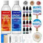 JANCHUN epoxy resin kit includes: one 5.9oz premium clear resin + one 5.9oz premium clear epoxy hardener, 12 colors color pigments, 3 coaster resin molds and more resin kits tools,