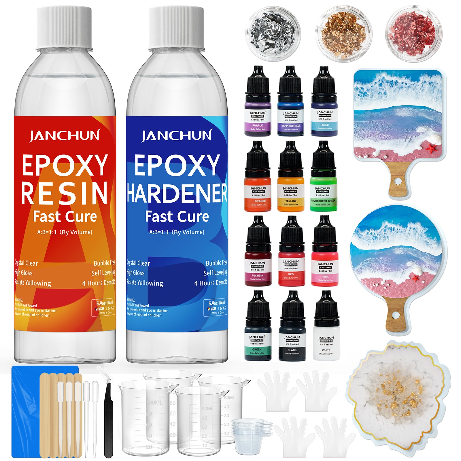 JANCHUN epoxy resin kit includes: one 5.9oz premium clear resin + one 5.9oz premium clear epoxy hardener, 12 colors color pigments, 3 coaster resin molds and more resin kits tools,