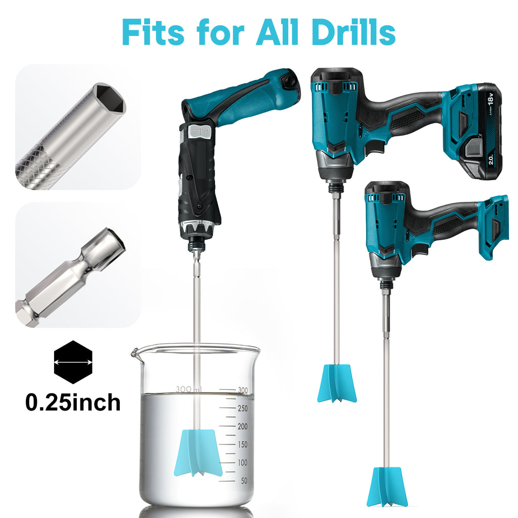 A scene of the mixer paddle being used with a drill to mix resin, demonstrating the "compatible with all drills" feature, helping you understand how to use it.